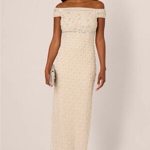 Adrianna Papell Cream Off-Shoulder Gown